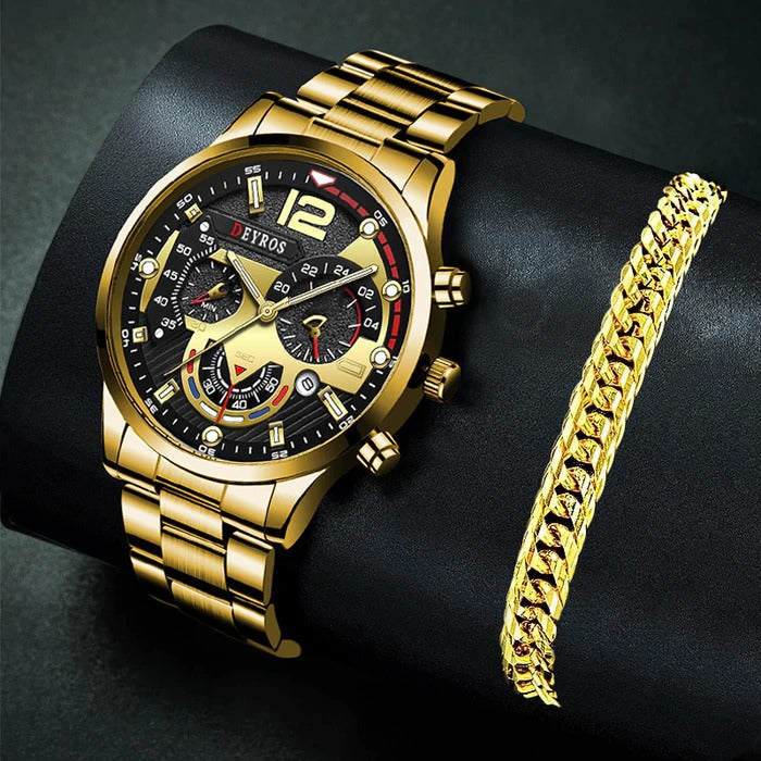Kit Luxo - Relógio + Pulseira Dourada Relógios - 001 OneClick Brasil 