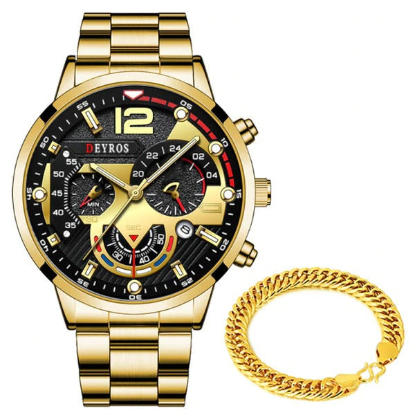 Kit Luxo - Relógio + Pulseira Dourada Relógios - 001 OneClick Brasil Dourado/Preto 